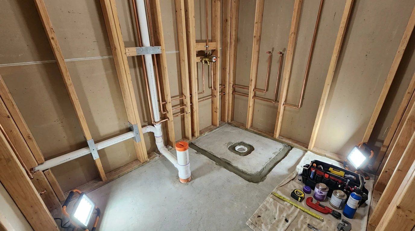 Bathroom rough-in plumbing during remodel by Johns Plumbing LLC in Stanton