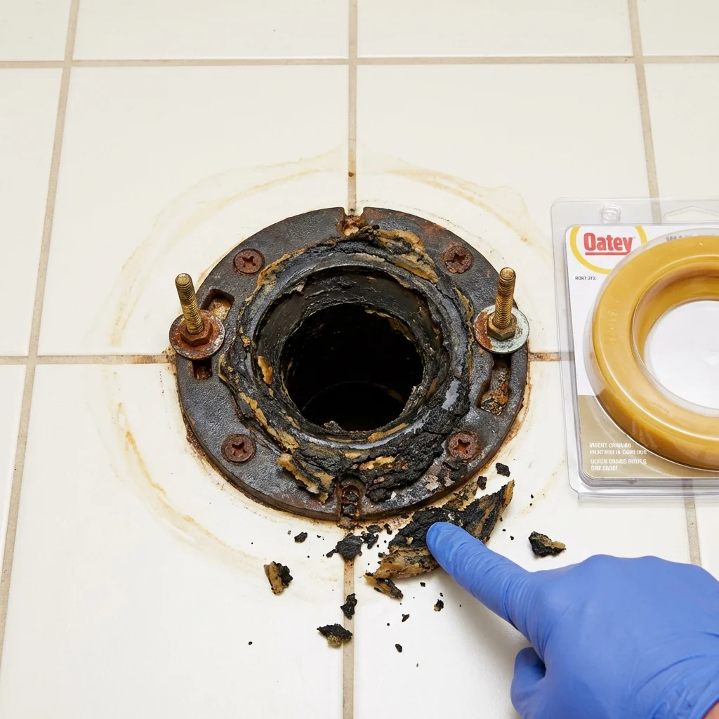 Failed wax ring showing water seepage at the base of a toilet in a Stanton, TX home